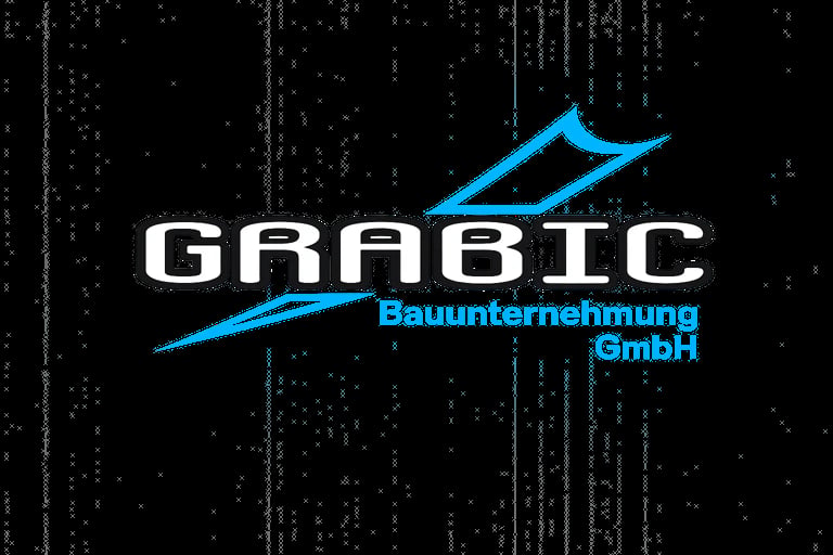 GRABIC Bauunternehmung GmbH logo with blue geometric roof symbol on dark textured background
